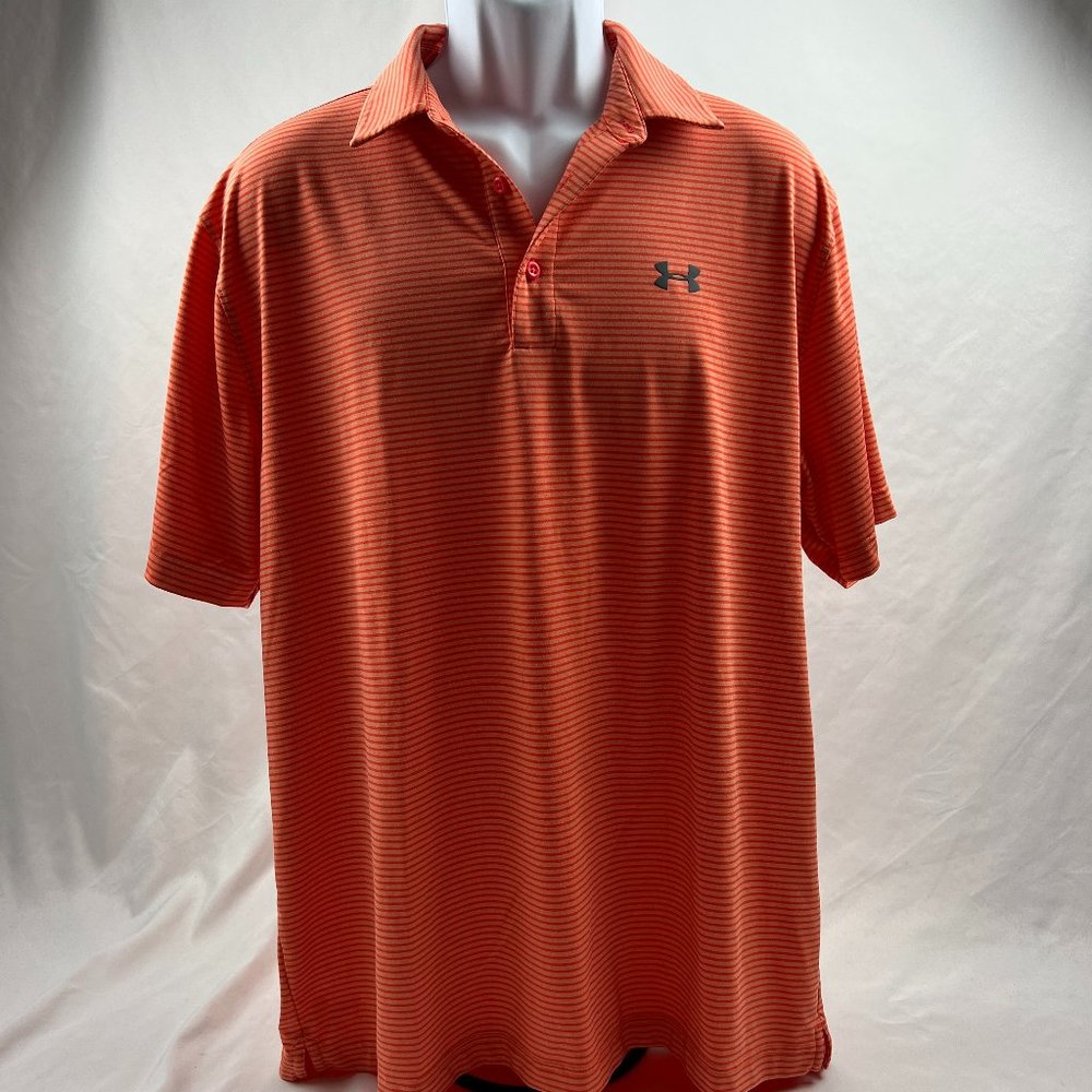 UNDER ARMOUR Loose Heatgear Short Sleeve Orange Striped Polo Shirt Men XL